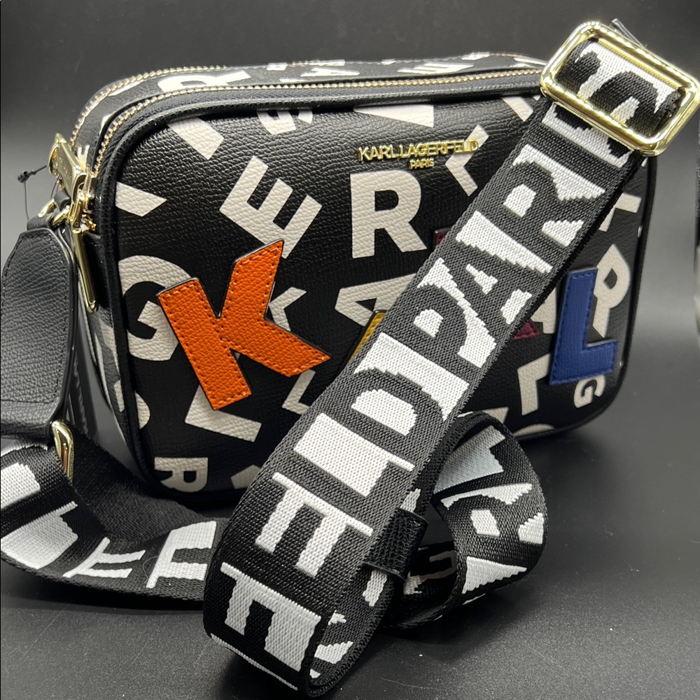 Karl Lagerfeld Black Crossbody Bag  Camera Bag with Multicolor Letters NEW - Picture 9 of 13